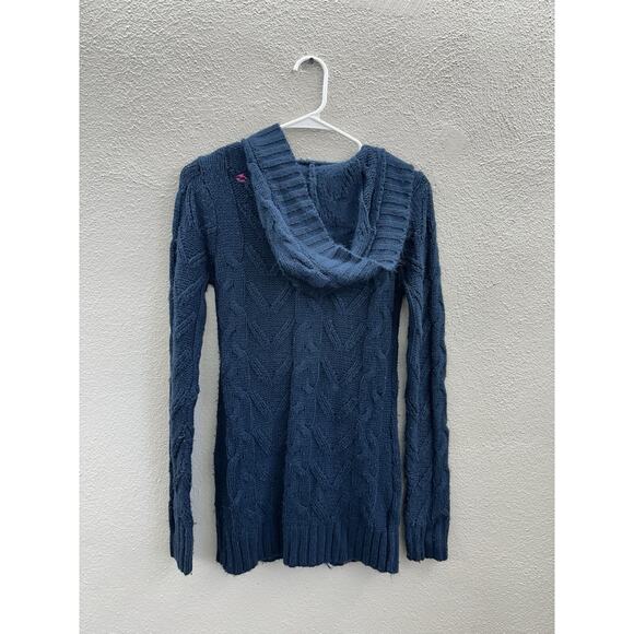 Billa Bong Womens Sweater Size Small Navy Blue Button Up Hooded Cable Knit Y2K - Picture 6 of 11
